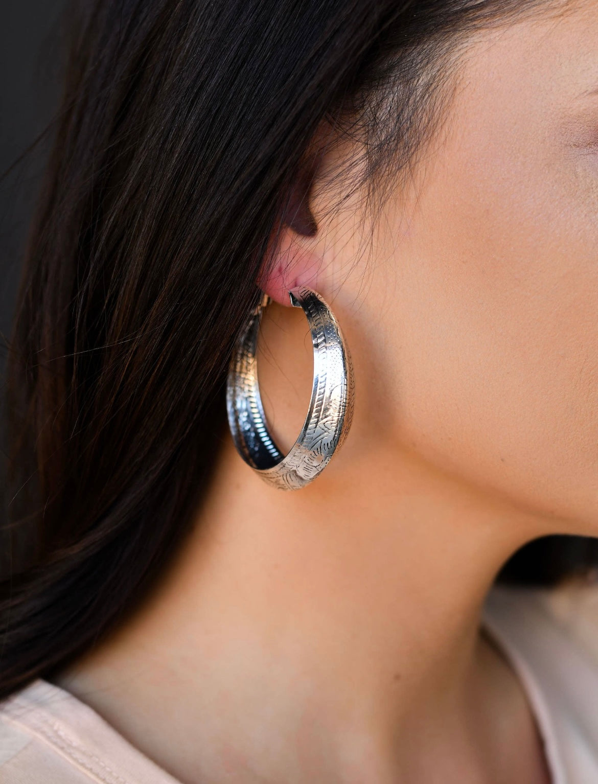 Burnished Silver Tooled Hoop Earring